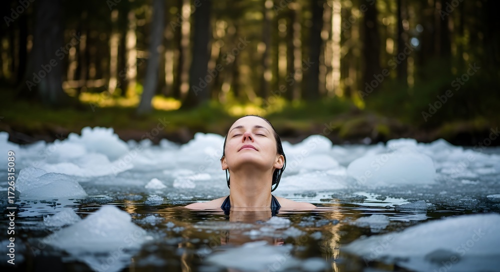 Fototapeta premium Woman Embracing Cold Water Immersion Amidst Icy Forest Lake Serenity -Cold immersion for mental strength, discipline, and physical recovery