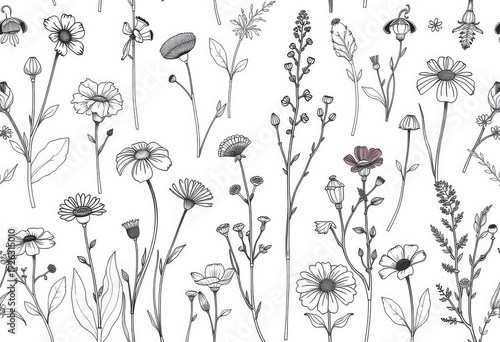 Seamless vintage botanical contour line drawing of wildflowers and herbs on white,  seamless,  flowers
