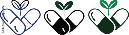 Natural medicine icon outline collection or set in black and white 
