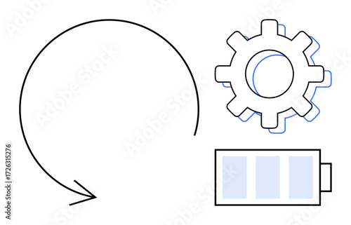 Circular arrow, gear, and battery signifying energy flow, automation, and resource renewal. Ideal for sustainability, technology, productivity, energy management efficiency innovation strategy