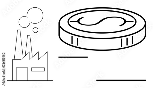 Factory building with smokestacks next to a floating coin signifies industry, production, and financial exchange. Ideal for economy, industry, finance, manufacturing, trade, business growth simple