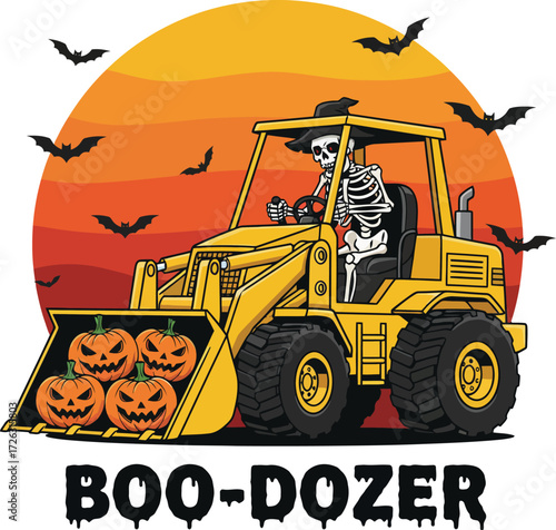 Halloween Skeleton Driving Bulldozer with Pumpkins and Bats Illustration


