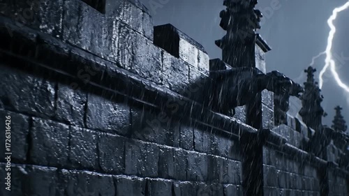 Close-up of ancient gothic stone wall with menacing gargoyles enduring a heavy rainstorm and dramatic lightning strikes in a dark, eerie night scene.