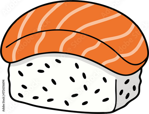 Cartoon illustration of a single piece of salmon nigiri sushi.