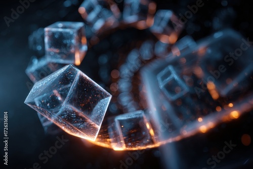 Futuristic Data Stream of Glowing Crystalline Cubes in a Dynamic Orange Energy Orbit.