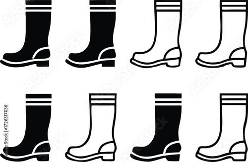 Wellies silhouette. This image shows black silhouette of wellies, also referred to as rubber boots or rain boots, symbolizing waterproof footwear. Vector clipart illustration design. 