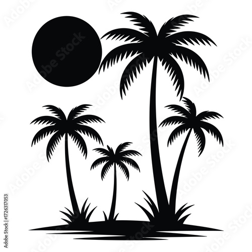 Silhouette of tropical palm trees and a large sun against a dark background