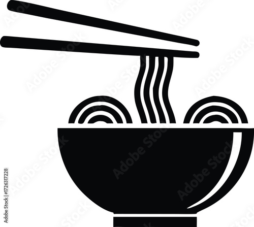 Black and white illustration of noodles in a bowl with chopsticks 
