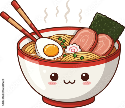 Cute Kawaii Ramen Bowl with Chopsticks and Steam.