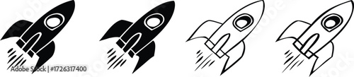 Vintage-style cartoon vector illustration of a space rocket launch icon set with a spaceship, shuttle, and missile 
