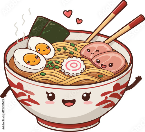 Delicious and Adorable Bowl of Ramen with Smiling Faces and Love Hearts.