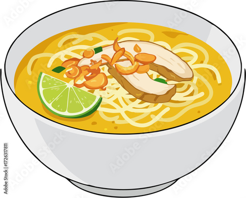 Delicious bowl of noodle soup with chicken and lime garnish.