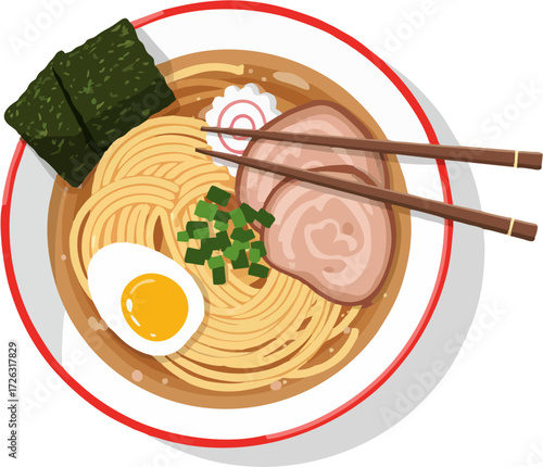 Delicious Bowl of Ramen Noodles with Toppings and Chopsticks.