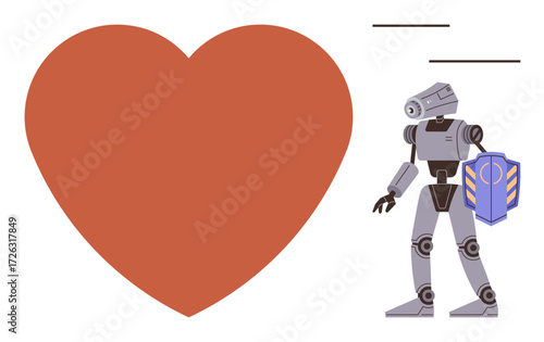 Robot holding shield near large red heart. Ideal for technology, love, robotics, protection, AI-human interaction, emotional balance, futuristic themes. Symbolic flat metaphor exploring tech-human