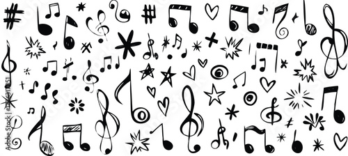 Vector art of handdrawn music notes and symbols on white background 

