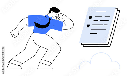Business person in motion, extending arm towards a document, symbolizing effort, achievement, and digital access. Ideal for business, productivity, goal-setting, cloud computing innovation