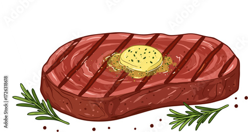 Delicious grilled beef steak with melting herb butter and rosemary.