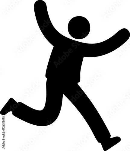 A black silhouette of a person joyfully leaping with arms raised against a plain white background, conveying happiness and freedom, minimalist style.
