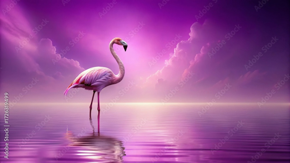 Fototapeta premium Serene Flamingo Silhouette at Sunset Over Calm Water, Pink Hues Reflecting in the Stillness