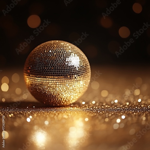 Golden disco ball on glittery surface
