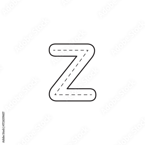 Alphabet tracing letter Z with a dashed line for children's handwriting practice. Simple black and white educational graphic for preschool and kindergarten learning