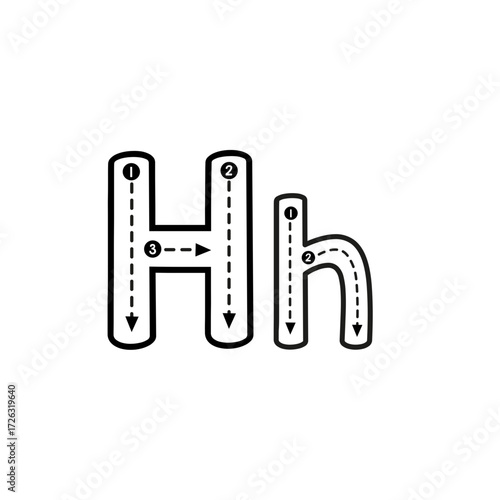 Educational guide for writing the uppercase and lowercase letter H, showing numbered stroke directions with arrows for handwriting practice