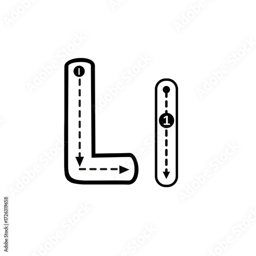 Handwriting practice worksheet for the letter L, providing a clear tracing guide for uppercase and lowercase alphabet learning