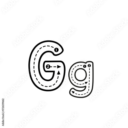 A simple educational guide showing how to trace and write the uppercase and lowercase letter G for handwriting practice