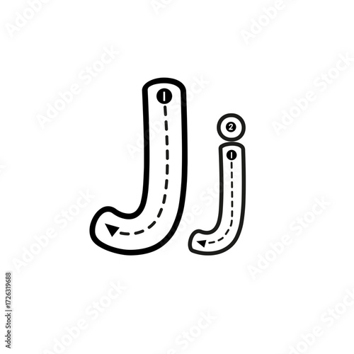 Tracing guide for the letter J in both uppercase and lowercase, showing stroke order with numbers and arrows for learning