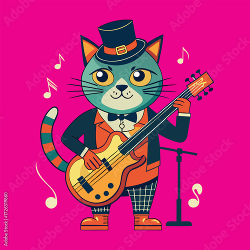 Cat with a top hat playing a bass guitar svg
