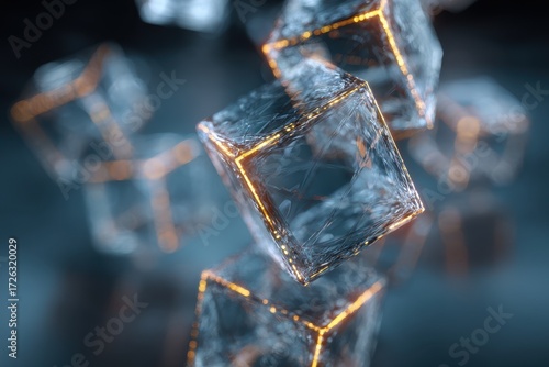 Floating Ice Cubes with Golden Edges - Abstract Geometric Composition in Dark Blue.