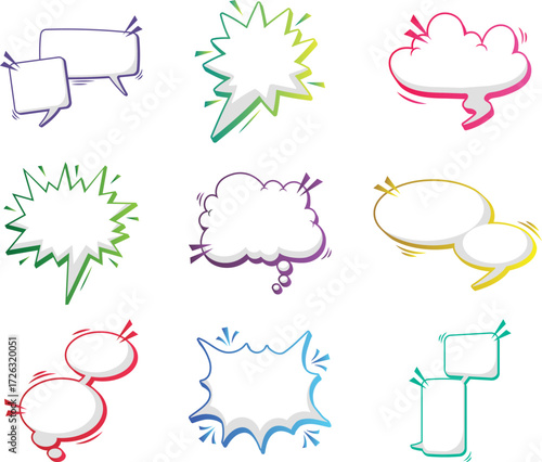 Variety of speech and thought bubbles in different shapes and sizes, with gradient colors for creative expressions and designs
