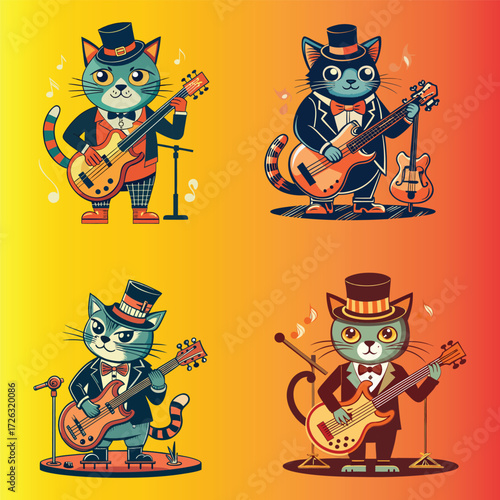 Cat with a top hat playing a bass guitar svg