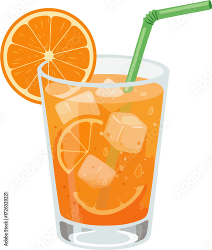 Refreshing orange drink with ice and a green straw.