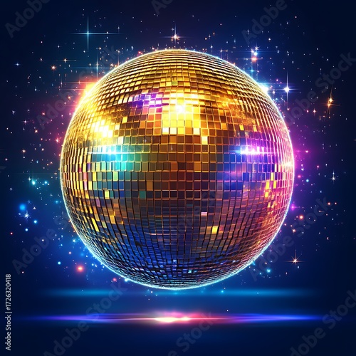 Golden disco ball, vibrant colors, sparkling lights