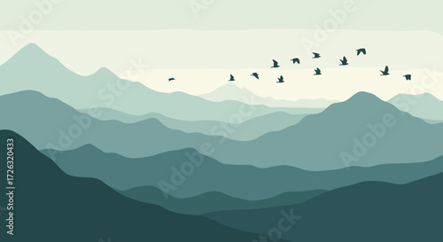 A flock of birds glides serenely above layered mountain ranges in a tranquil, atmospheric landscape.