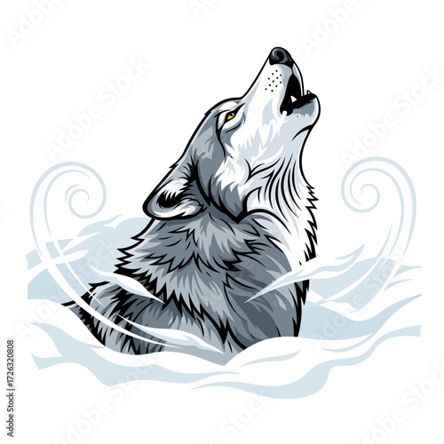 Wolf howling with snow swirling in the air.