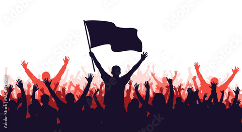 A diverse crowd of people raising their hands in support of a person holding a dark flag in the center.