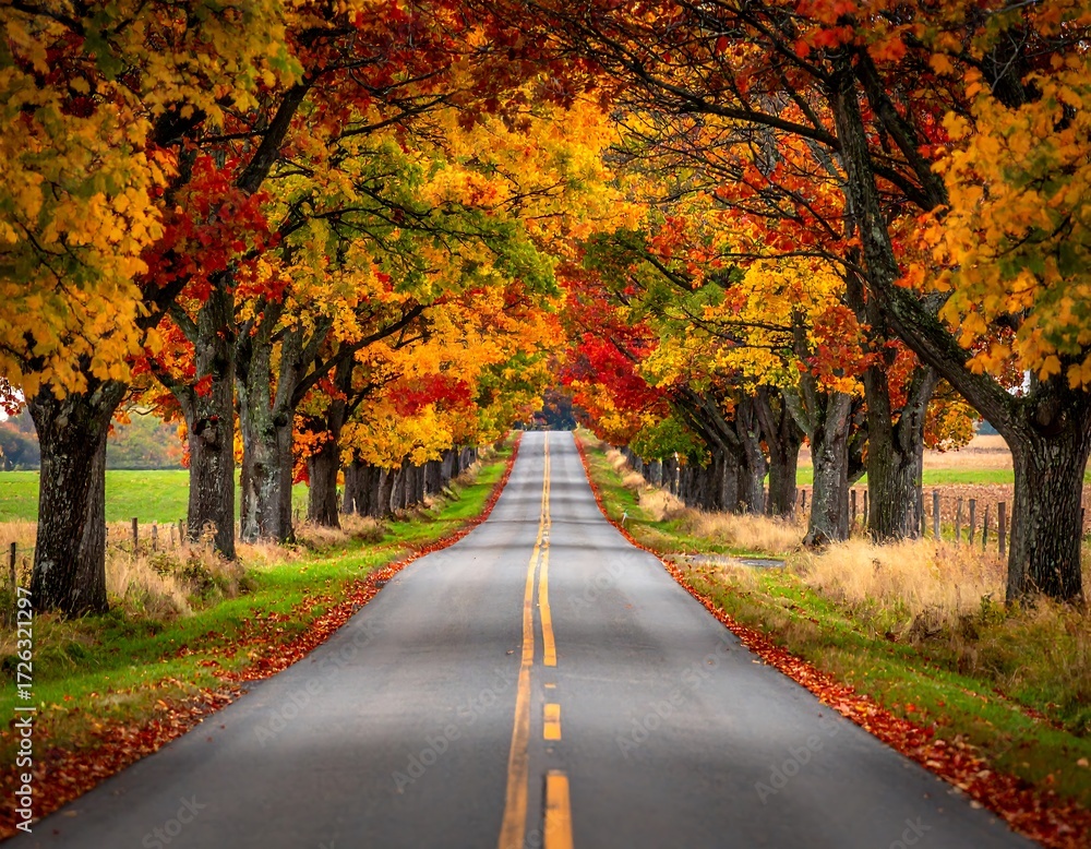 Naklejka premium Autumnal country road lined with vibrant trees