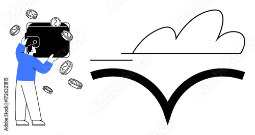 Individual holding oversized wallet releasing coins, paired with a cloud and abstract connectivity icon. Ideal for finance, cloud banking, investment, fintech, savings, e-commerce, digital economy