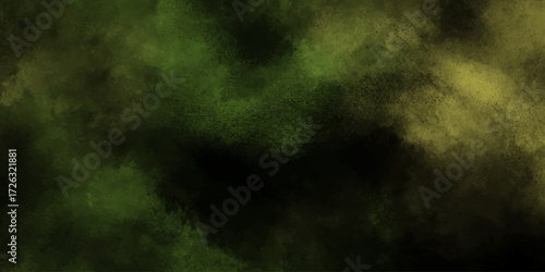 Abstract black background with smokes. Green powder explosion on black background. Dark stained grungy background. Grungy dark canvas background.	