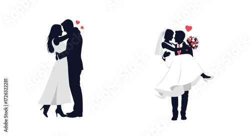 Beautiful silhouettes of couples embracing on their wedding day. A groom carries his bride with a bouquet.