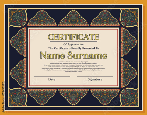 Colorful Medieval Floral and Dragon Frame Certificate Template for Vintage Diploma, Card, or Invitation Design
