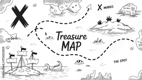 Hand-drawn treasure map illustration featuring islands and a dotted path perfect for adventure and exploration themes