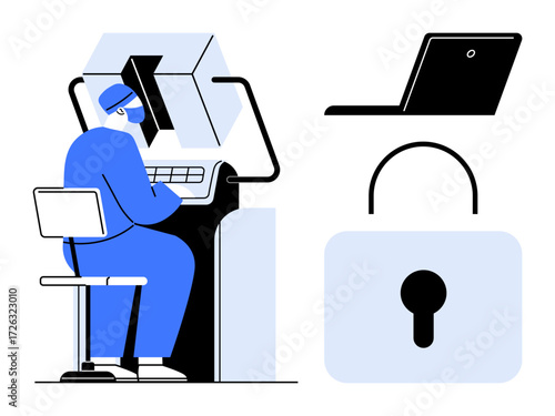 Person operating advanced computer system, laptop, and lock representing cybersecurity, data safety, privacy, secure access, technology, encryption and digital protection. Simple flat metaphor