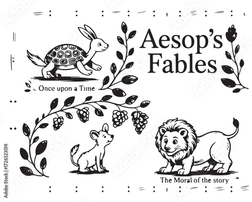 Aesops Fables illustration with a lion tortoise rabbit and mouse vintage vector design for childrens books isolated on white background