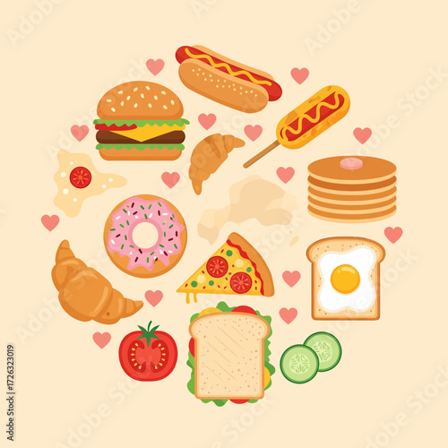 Assorted Food Items Arranged in a Circle with Heart Accents Flat Vector Style.