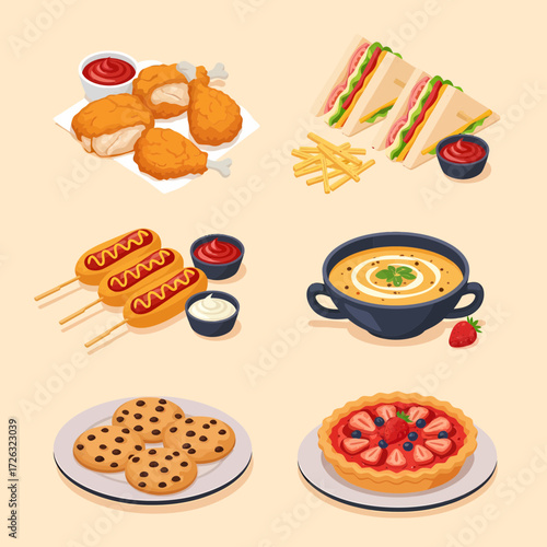 Assorted Food Illustrations Fried Chicken Sandwiches Corn Dogs Soup Cookies and Tart.