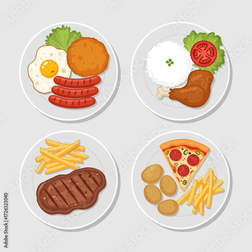 Assorted Plates of Food Fried Egg Chicken Steak Pizza and Fries.