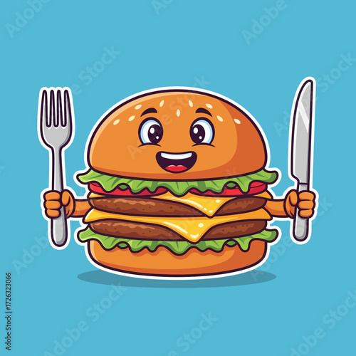 Cartoon Burger Character Ready to Eat with Fork and Knife in Hand.